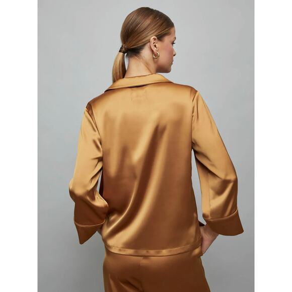 (M) NWT $198 CARBON38 Satin Short Sleeve Resort Top Gold size Medium - Picture 3 of 8